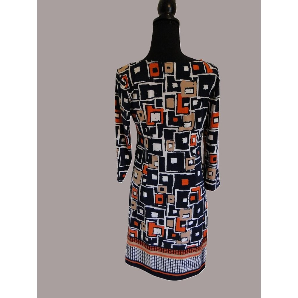 Tacera Womens Dress Mixed Geometric Design in Navy Orange Tan 3/4 Sleeve Size S - Picture 2 of 13